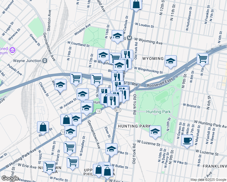 map of restaurants, bars, coffee shops, grocery stores, and more near 1419 West Bristol Street in Philadelphia