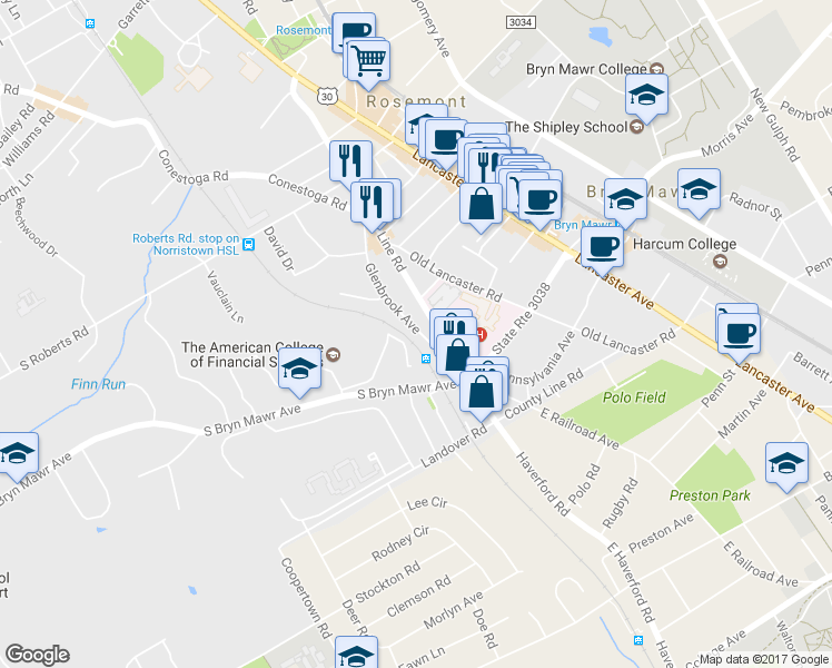 map of restaurants, bars, coffee shops, grocery stores, and more near 828 Glenbrook Avenue in Bryn Mawr