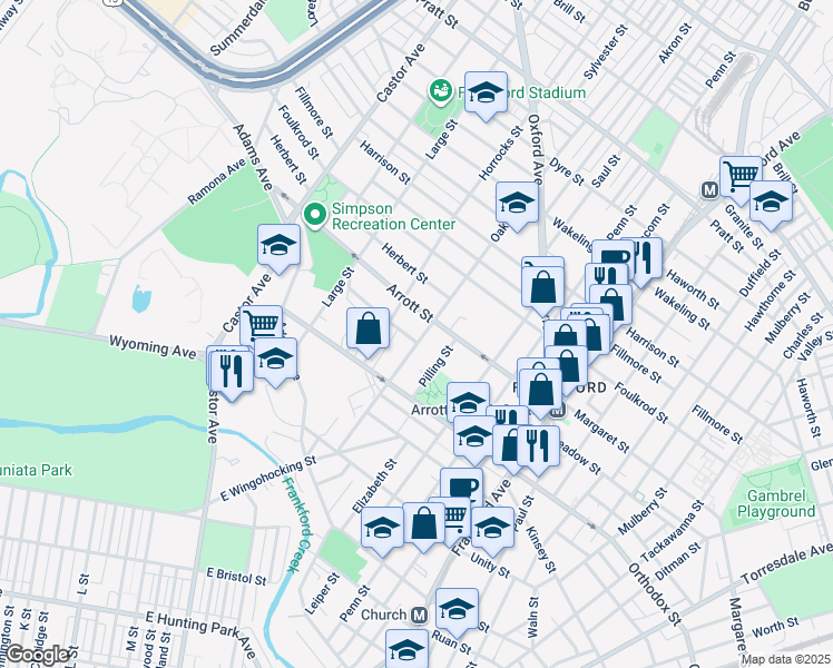 map of restaurants, bars, coffee shops, grocery stores, and more near 4658 Oakland Street in Philadelphia