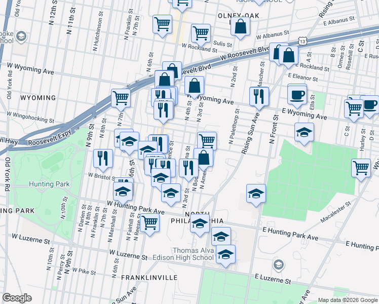 map of restaurants, bars, coffee shops, grocery stores, and more near 4427 North Orianna Street in Philadelphia