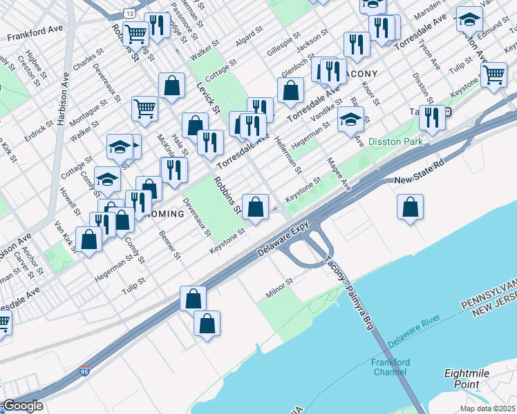 map of restaurants, bars, coffee shops, grocery stores, and more near 6325 Tulip Street in Philadelphia