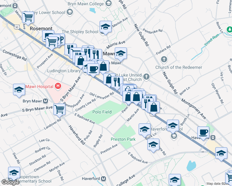 map of restaurants, bars, coffee shops, grocery stores, and more near 659 Dayton Road in Bryn Mawr