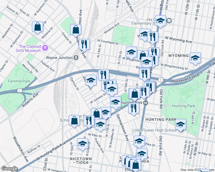map of restaurants, bars, coffee shops, grocery stores, and more near 4225 Germantown Avenue in Philadelphia