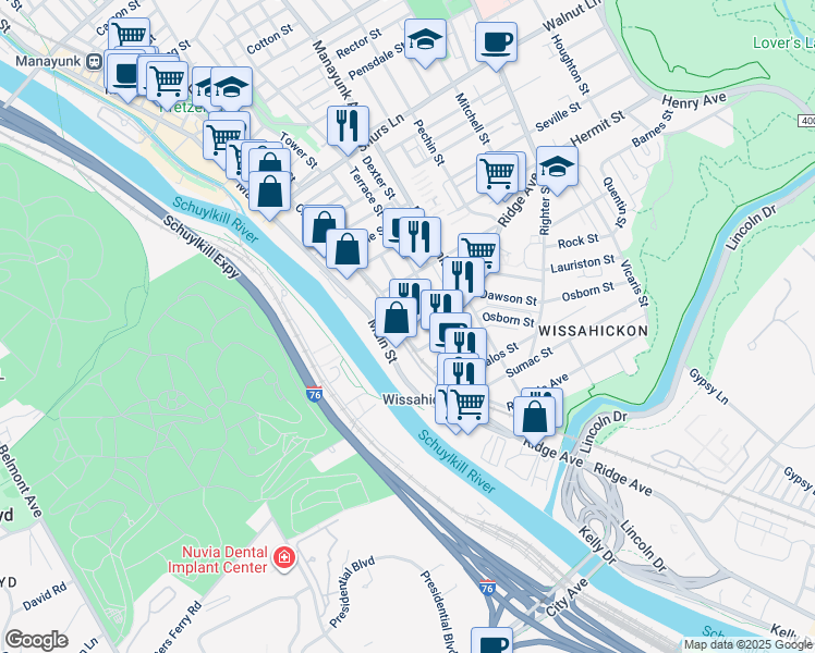 map of restaurants, bars, coffee shops, grocery stores, and more near 100 Dawson Street in Philadelphia
