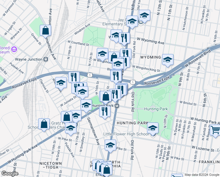 map of restaurants, bars, coffee shops, grocery stores, and more near 1431 West Bristol Street in Philadelphia