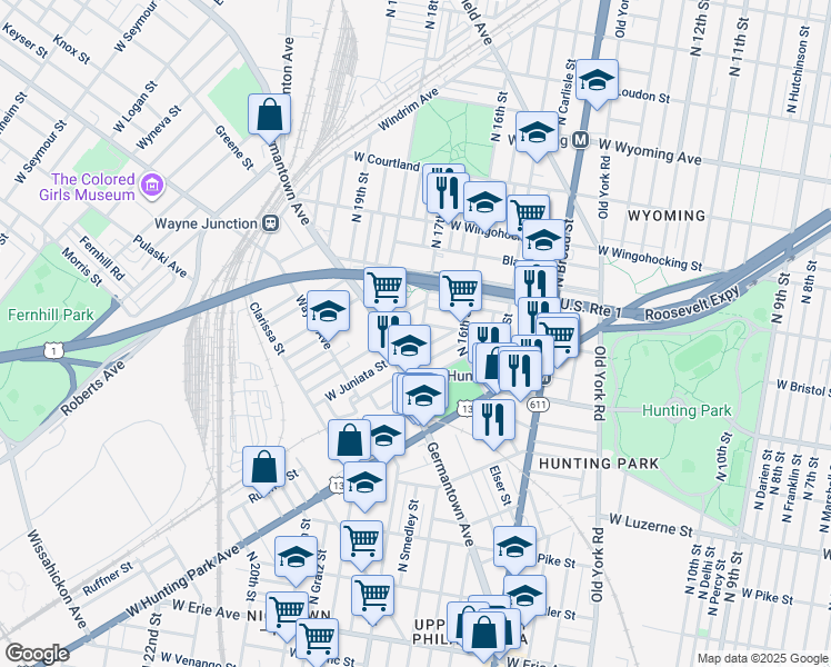 map of restaurants, bars, coffee shops, grocery stores, and more near 1704 West Bristol Street in Philadelphia
