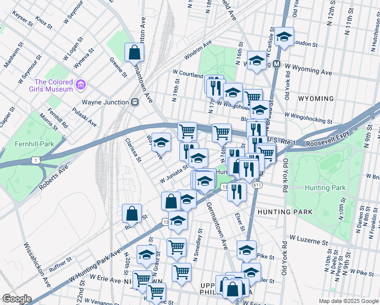 map of restaurants, bars, coffee shops, grocery stores, and more near 4225 Germantown Avenue in Philadelphia
