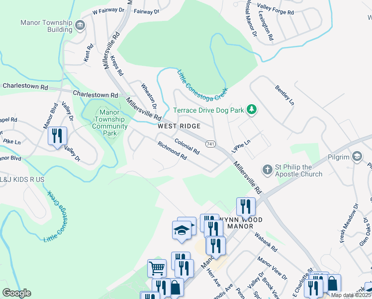 map of restaurants, bars, coffee shops, grocery stores, and more near 1120 Colonial Road in Lancaster