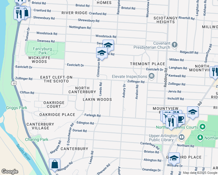 map of restaurants, bars, coffee shops, grocery stores, and more near 3118 Derby Road in Columbus