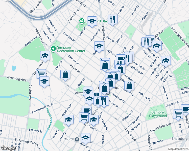 map of restaurants, bars, coffee shops, grocery stores, and more near 4723 Leiper Street in Philadelphia