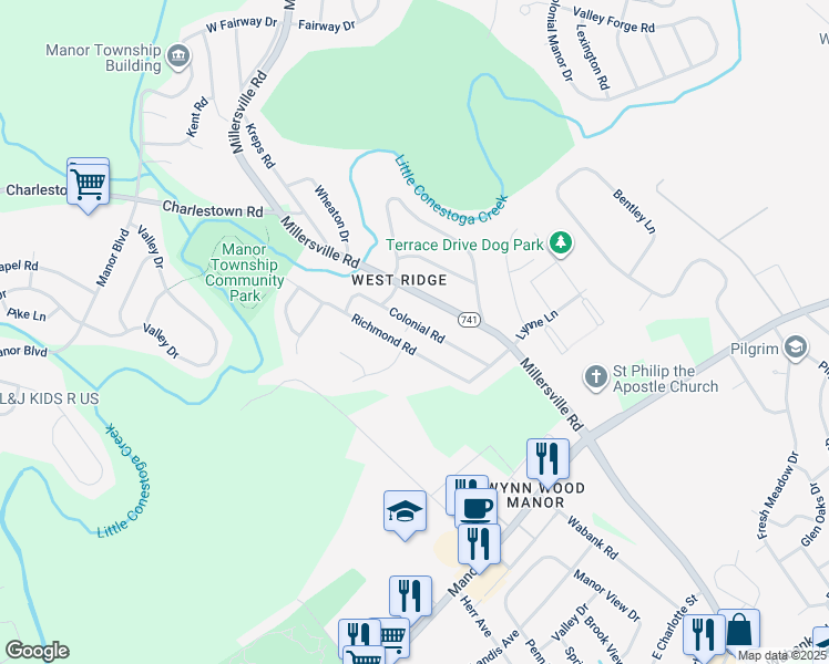 map of restaurants, bars, coffee shops, grocery stores, and more near 1120 Colonial Road in Lancaster