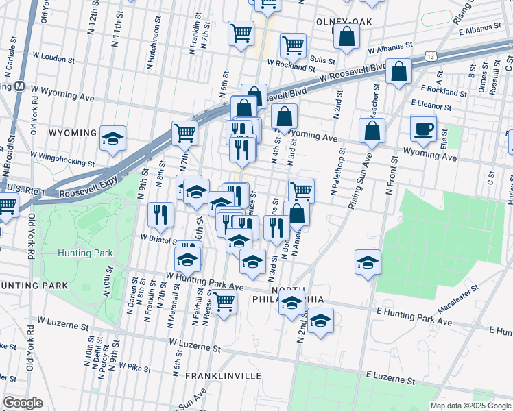 map of restaurants, bars, coffee shops, grocery stores, and more near 4425 1/2 North Lawrence Street in Philadelphia