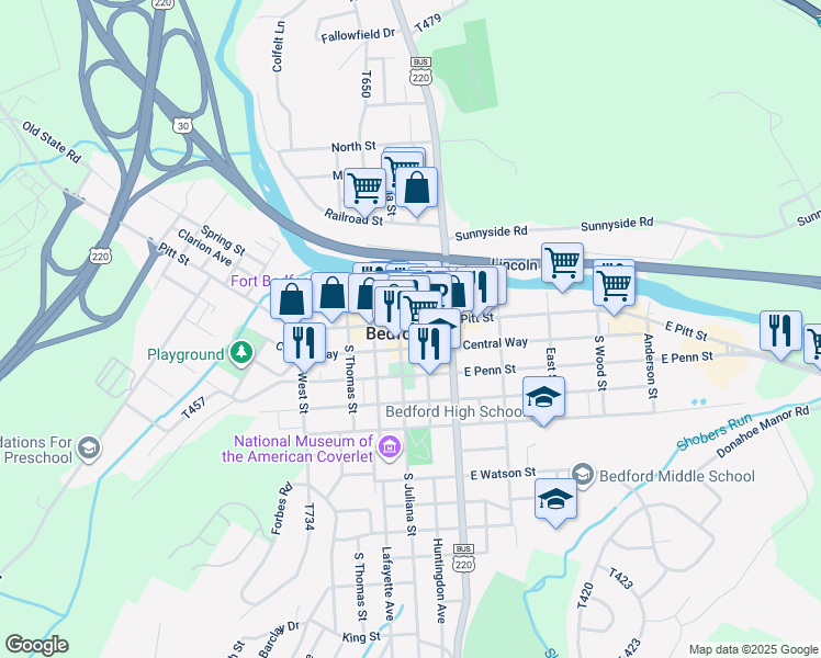 map of restaurants, bars, coffee shops, grocery stores, and more near in Bedford