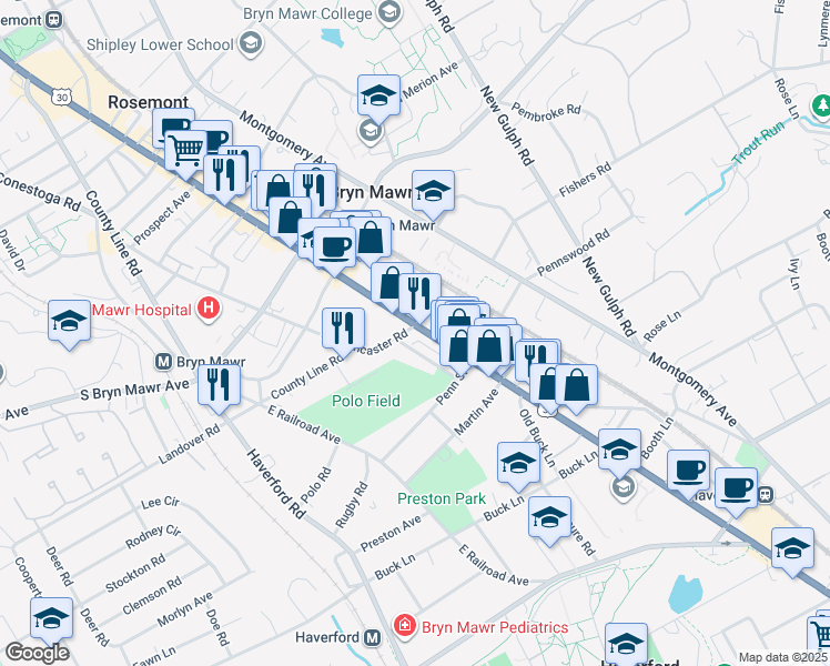 map of restaurants, bars, coffee shops, grocery stores, and more near 659 Dayton Road in Bryn Mawr