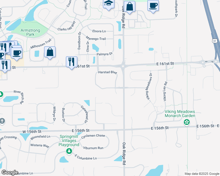 map of restaurants, bars, coffee shops, grocery stores, and more near Viking Warrior Boulevard in Westfield