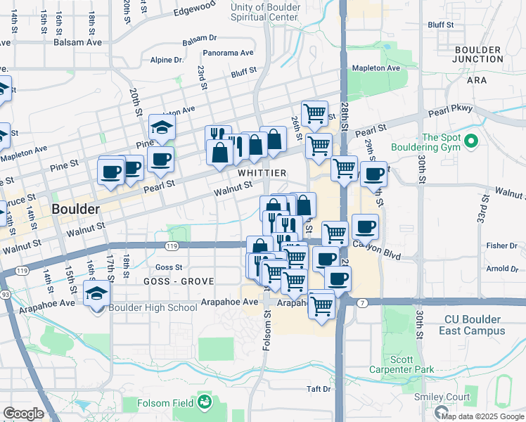 map of restaurants, bars, coffee shops, grocery stores, and more near 1833 Folsom Street in Boulder