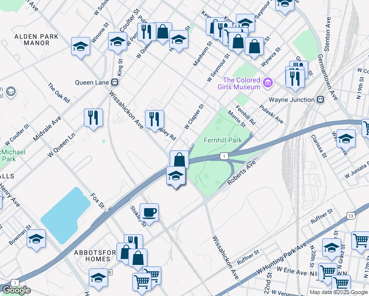 map of restaurants, bars, coffee shops, grocery stores, and more near 543 West Abbottsford Avenue in Philadelphia