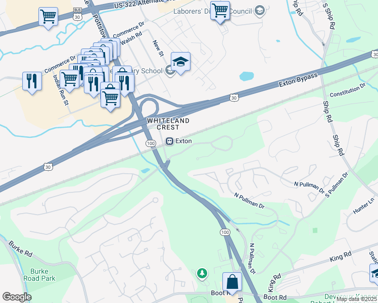 map of restaurants, bars, coffee shops, grocery stores, and more near 100 Mountain View Drive in West Chester