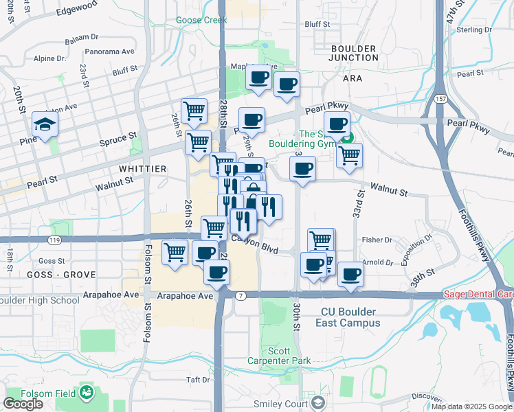 map of restaurants, bars, coffee shops, grocery stores, and more near 1805 29th Street in Boulder