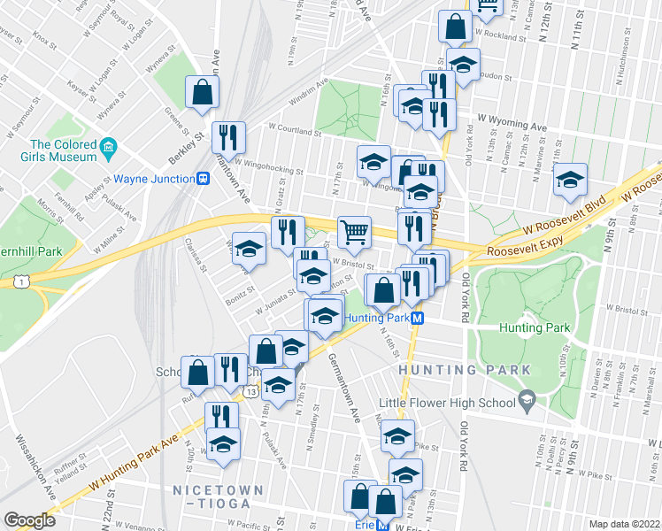 map of restaurants, bars, coffee shops, grocery stores, and more near 1644 West Bristol Street in Philadelphia