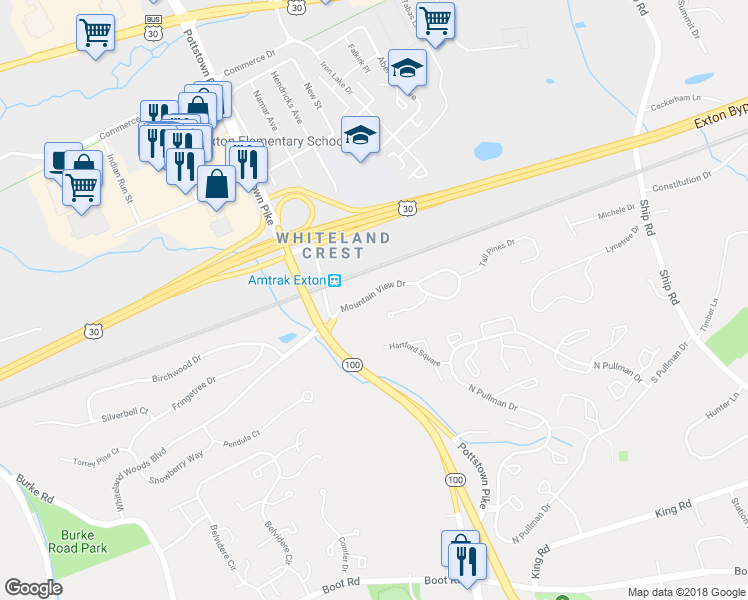 map of restaurants, bars, coffee shops, grocery stores, and more near 100 Mountain View Drive in West Chester