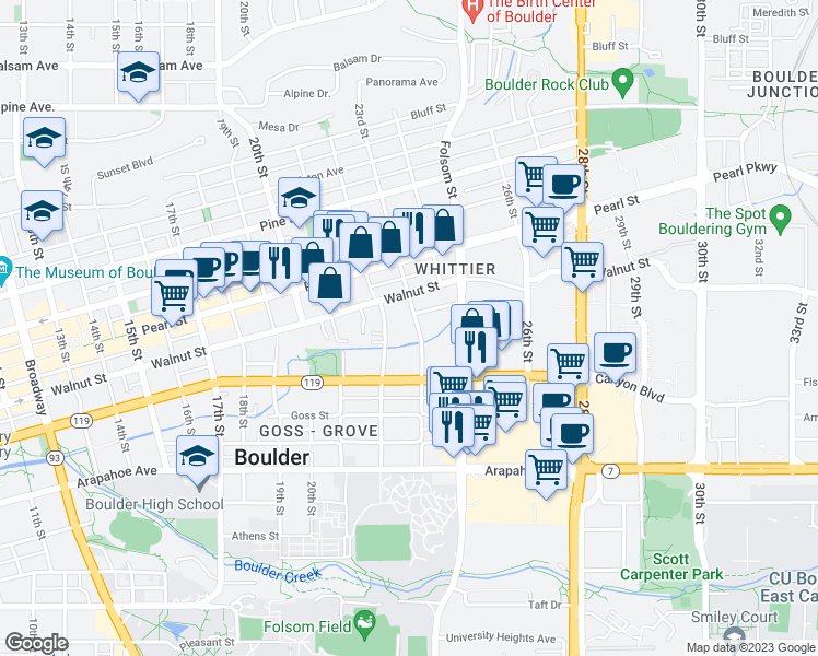 map of restaurants, bars, coffee shops, grocery stores, and more near 1845 23rd Street in Boulder