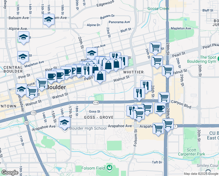 map of restaurants, bars, coffee shops, grocery stores, and more near 2144 South Walnut Street in Boulder