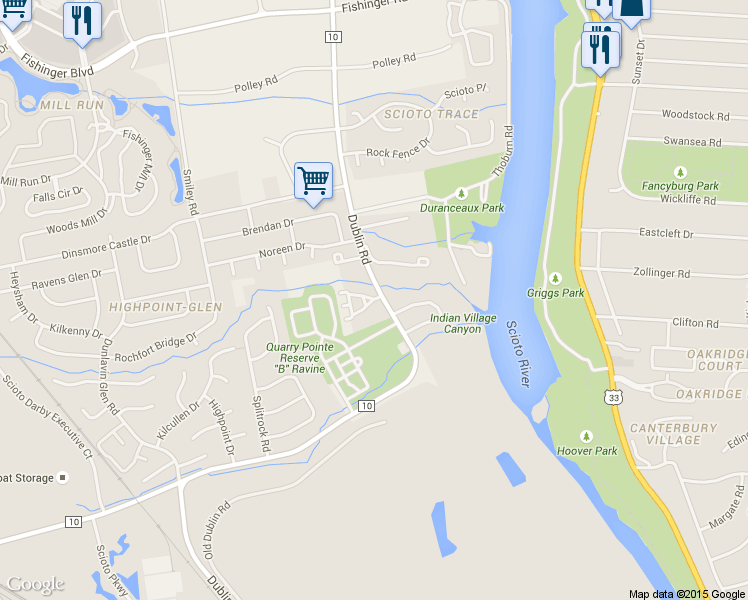 map of restaurants, bars, coffee shops, grocery stores, and more near Summerdale Ln & Summertime Ct in Columbus