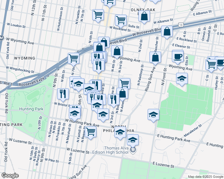 map of restaurants, bars, coffee shops, grocery stores, and more near 4446 North Orianna Street in Philadelphia
