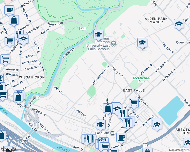 map of restaurants, bars, coffee shops, grocery stores, and more near 3401 West School House Lane in Philadelphia