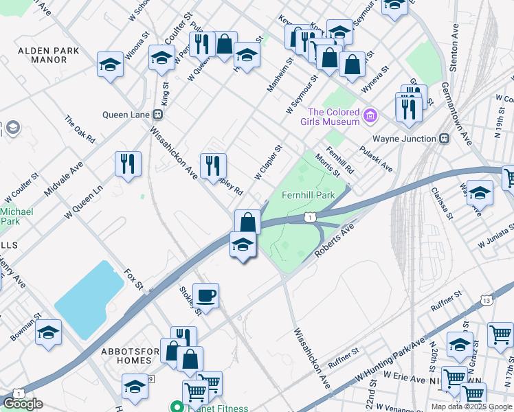 map of restaurants, bars, coffee shops, grocery stores, and more near 539 West Abbottsford Avenue in Philadelphia