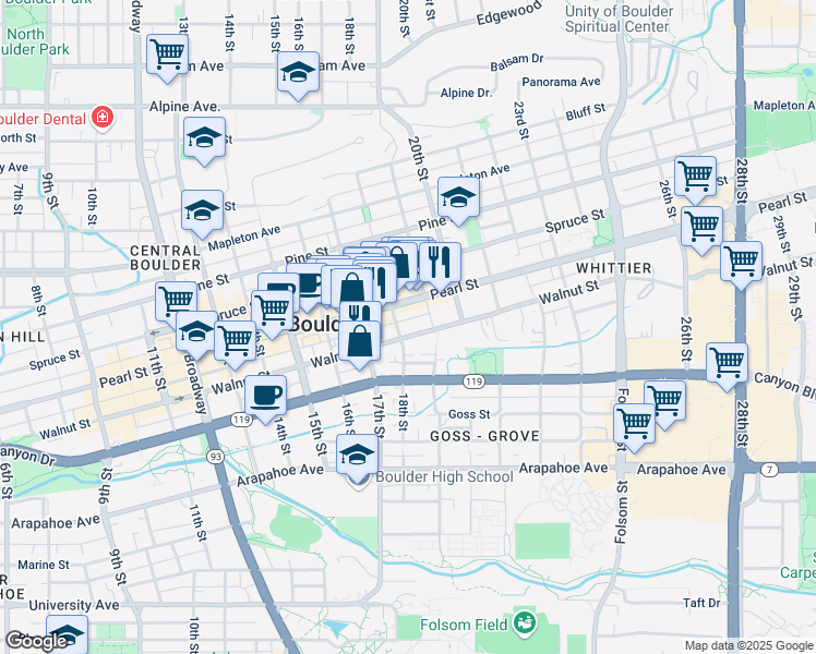 map of restaurants, bars, coffee shops, grocery stores, and more near 1811 Walnut Street in Boulder