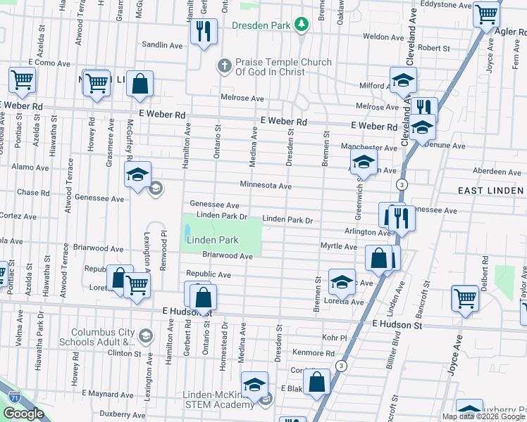 map of restaurants, bars, coffee shops, grocery stores, and more near 1403 Genessee Avenue in Columbus