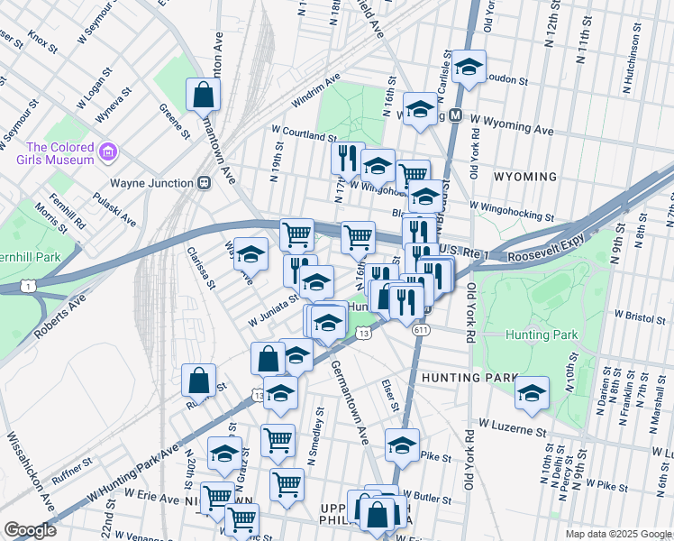 map of restaurants, bars, coffee shops, grocery stores, and more near 1640 West Bristol Street in Philadelphia