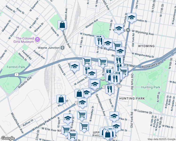map of restaurants, bars, coffee shops, grocery stores, and more near 4227 Germantown Avenue in Philadelphia