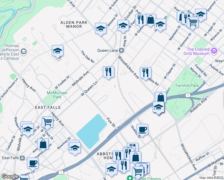 map of restaurants, bars, coffee shops, grocery stores, and more near 2900 West Queen Lane in Philadelphia