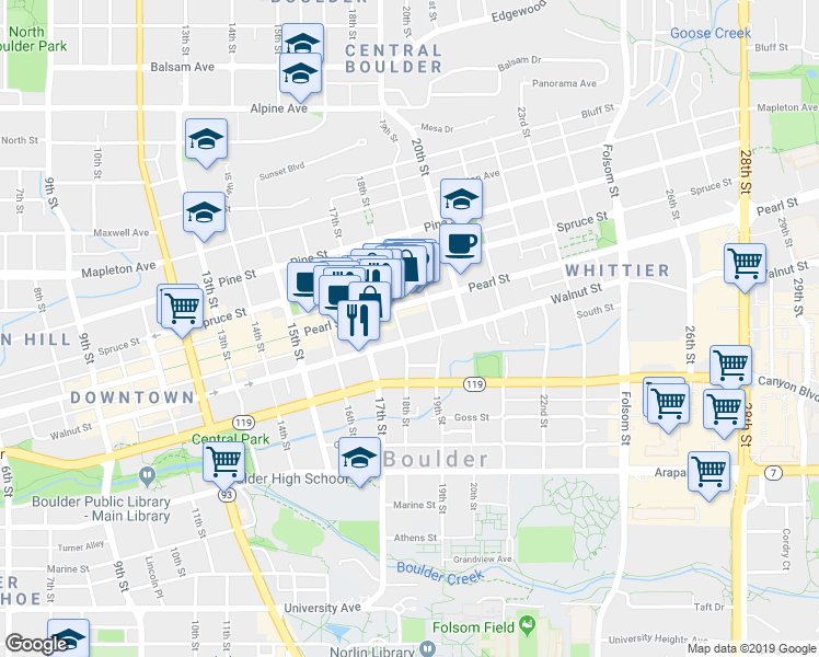 map of restaurants, bars, coffee shops, grocery stores, and more near 1804 Walnut Street in Boulder