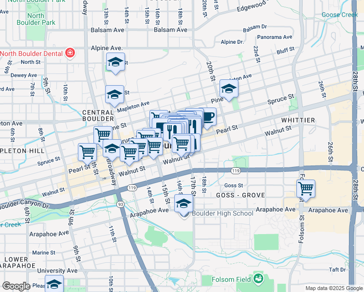 map of restaurants, bars, coffee shops, grocery stores, and more near 1701 Walnut Street in Boulder