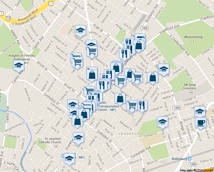 map of restaurants, bars, coffee shops, grocery stores, and more near 4814 Frankford Avenue in Philadelphia