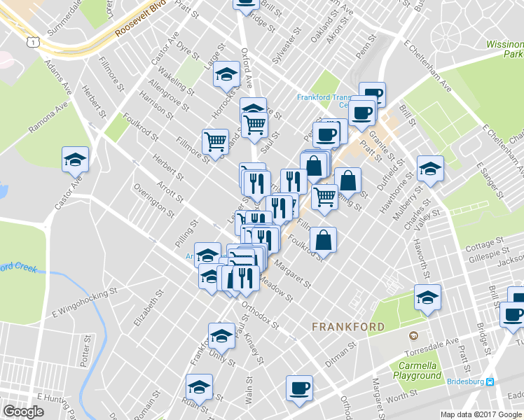 map of restaurants, bars, coffee shops, grocery stores, and more near 4771 Oxford Avenue in Philadelphia