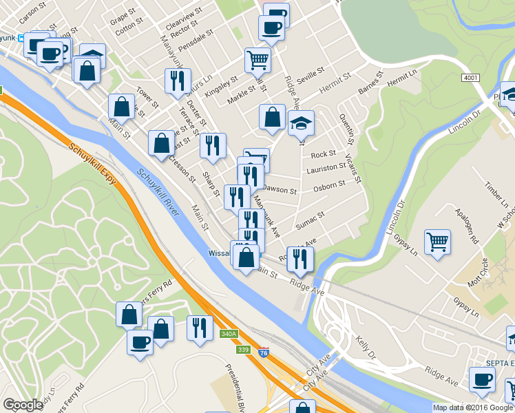 map of restaurants, bars, coffee shops, grocery stores, and more near 3726 Manayunk Avenue in Philadelphia