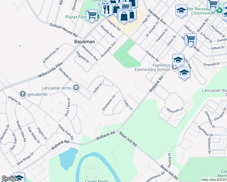 map of restaurants, bars, coffee shops, grocery stores, and more near 424 Judie Lane in Lancaster