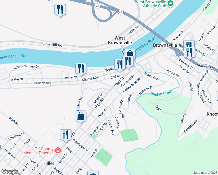 map of restaurants, bars, coffee shops, grocery stores, and more near 307 High Street in Brownsville