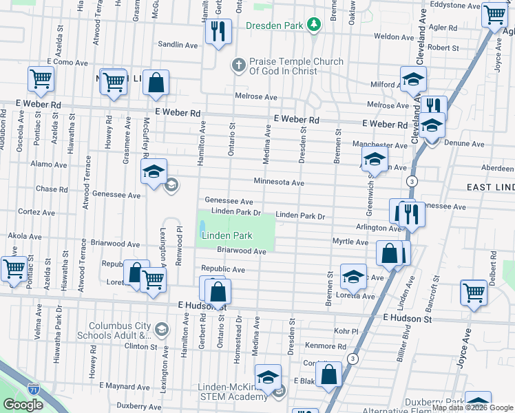 map of restaurants, bars, coffee shops, grocery stores, and more near 1361 Genessee Avenue in Columbus