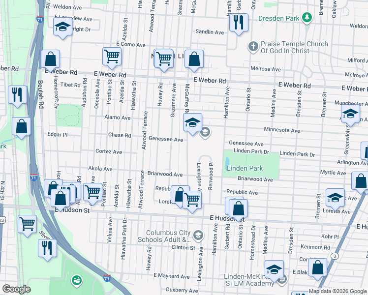 map of restaurants, bars, coffee shops, grocery stores, and more near 2589 Mcguffey Road in Columbus