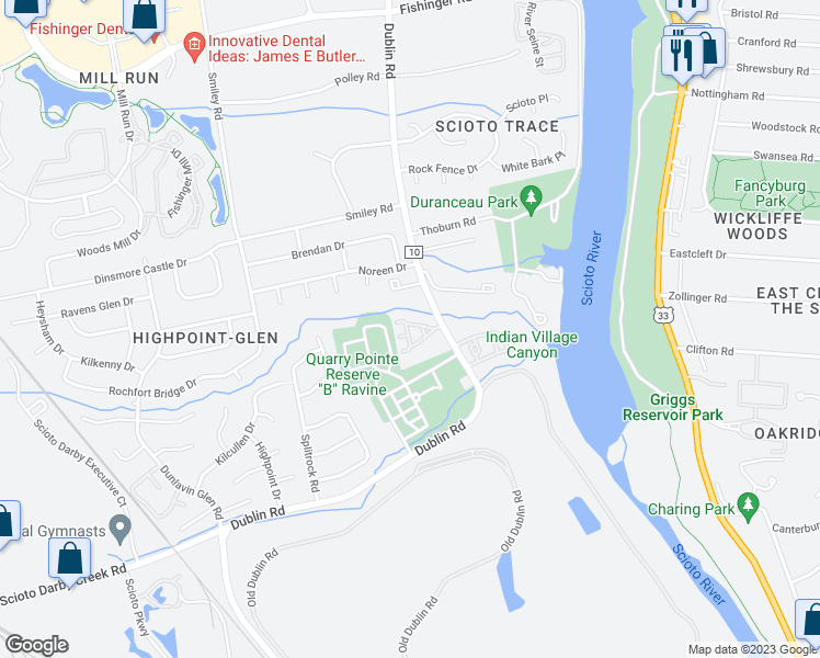 map of restaurants, bars, coffee shops, grocery stores, and more near 3213 Summerdale Lane in Columbus
