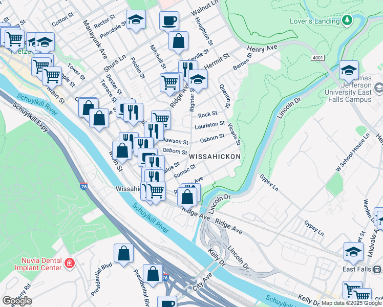 map of restaurants, bars, coffee shops, grocery stores, and more near 203 Righter Street in Philadelphia