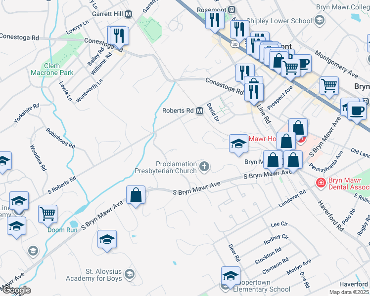 map of restaurants, bars, coffee shops, grocery stores, and more near 817 Vauclain Lane in Bryn Mawr