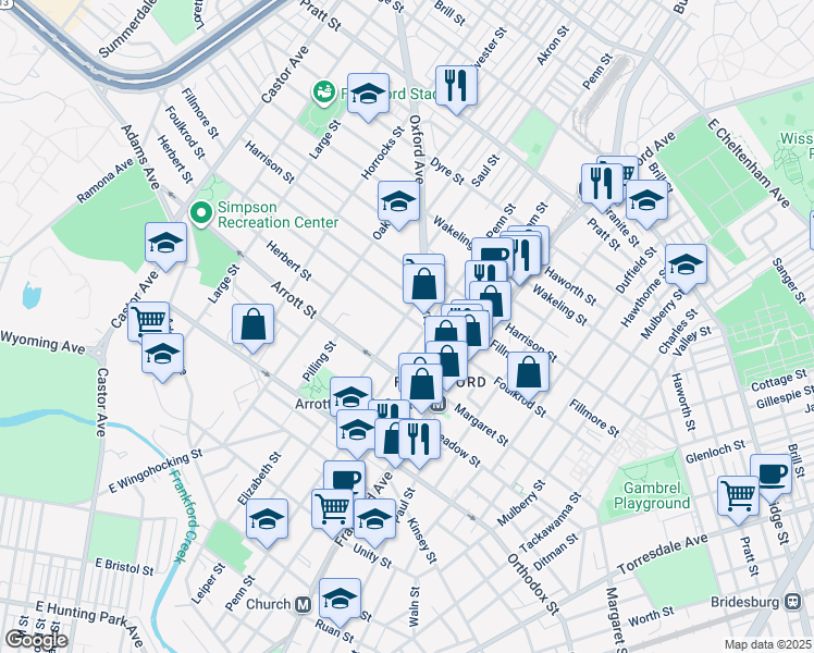 map of restaurants, bars, coffee shops, grocery stores, and more near 4743 Leiper Street in Philadelphia