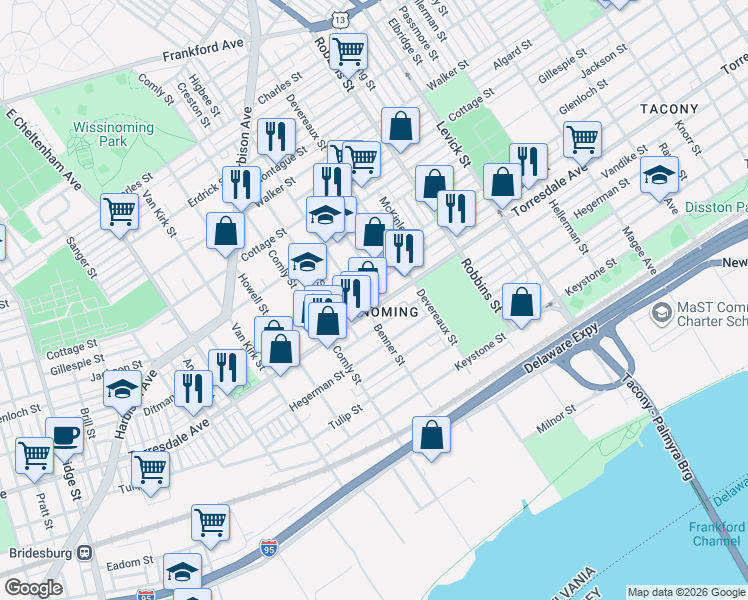 map of restaurants, bars, coffee shops, grocery stores, and more near in Philadelphia